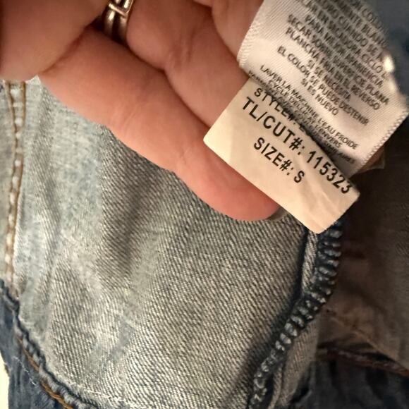 STS Blue Trucker Jacket Upcycled w/Styx Graphic & Crochet Details Size S - Picture 8 of 10